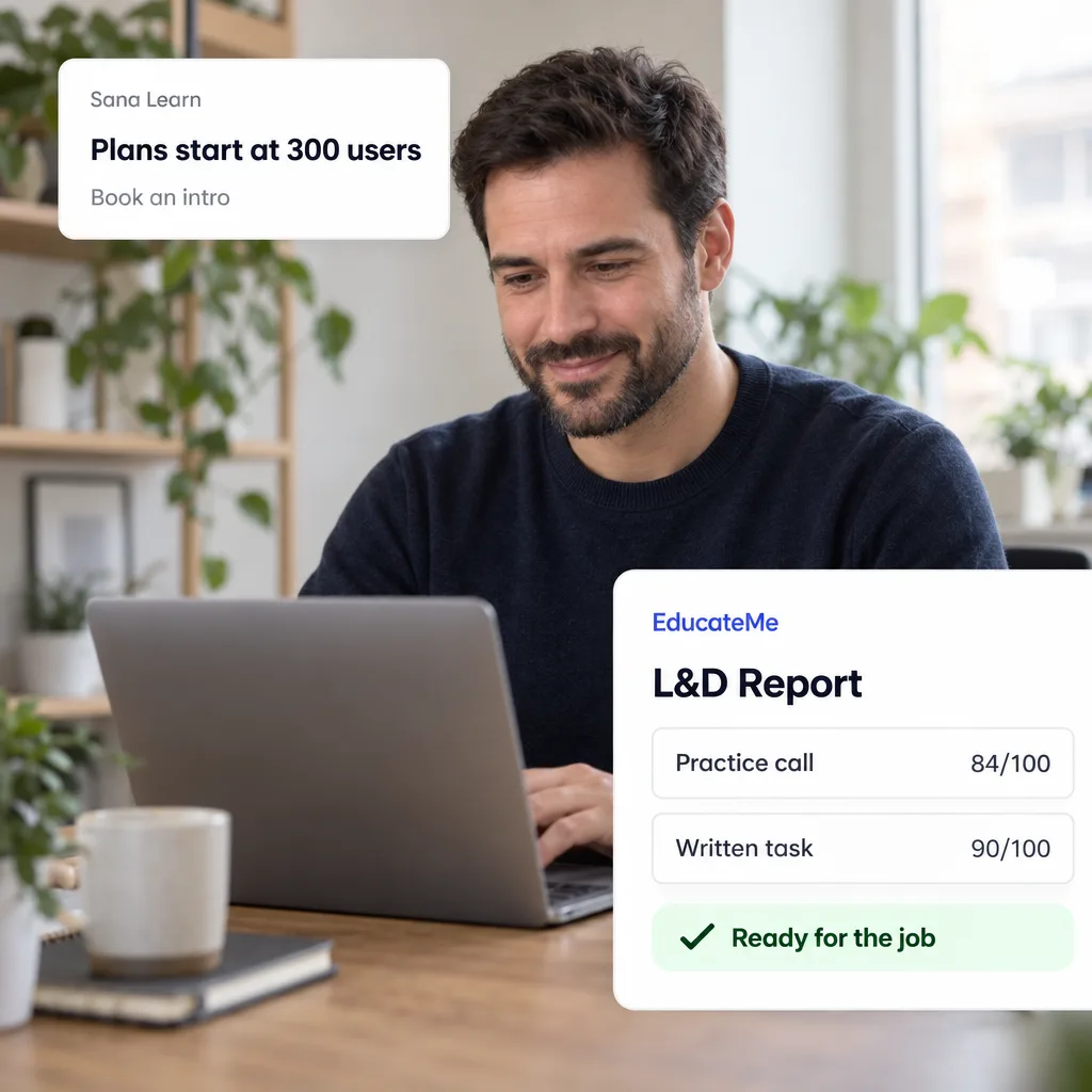 The head of people at a growing company checks a new hire's training on a laptop. A Sana Learn card reads Plans start at 300 users, Book an intro. EducateMe's L&D Report shows a practice call scored 84 out of 100, a written task scored 90, and Ready for the job.