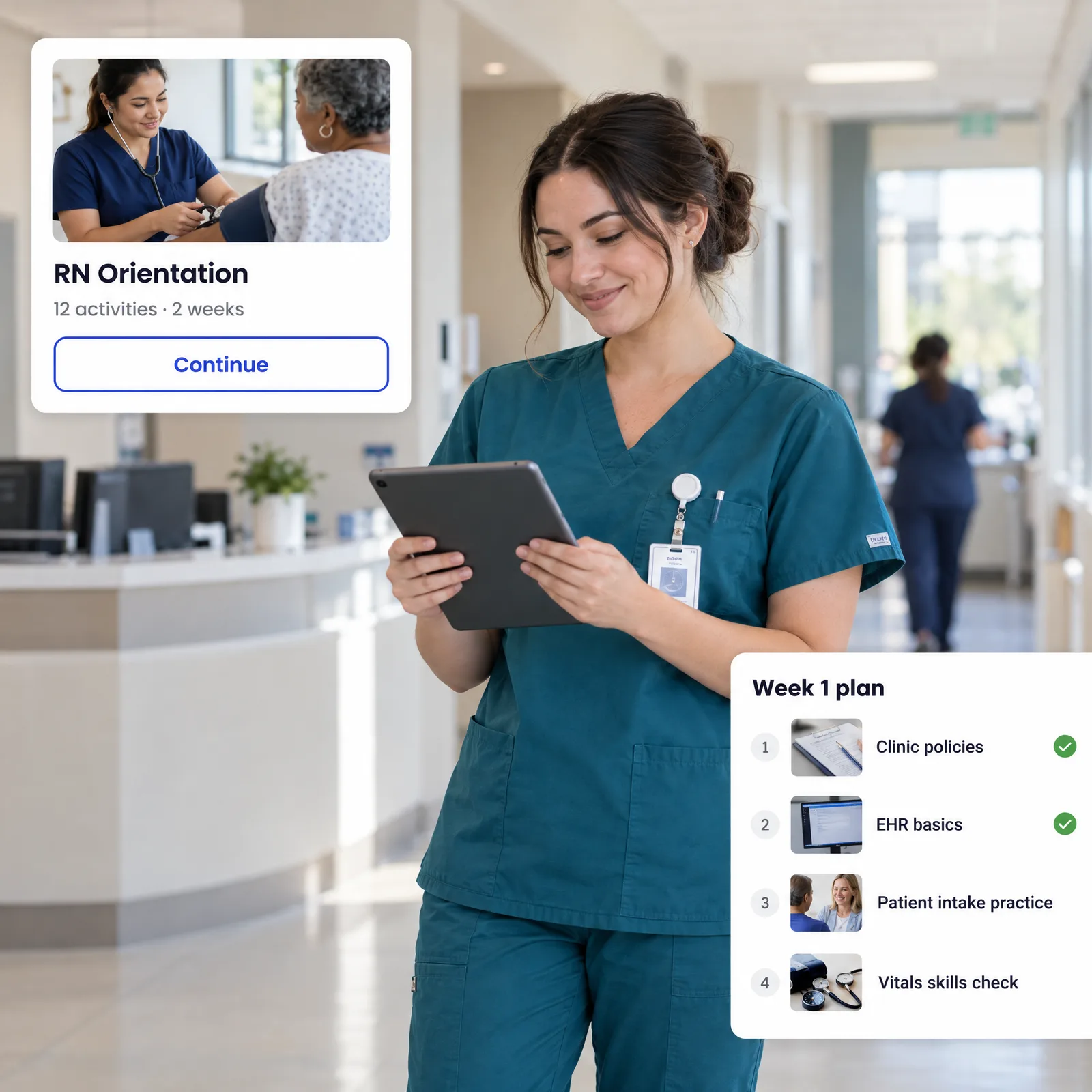 A newly hired nurse checks her week one orientation plan in EducateMe
